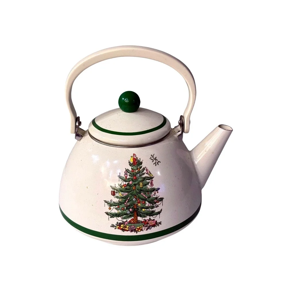 Vintage Spode Christmas Tree Enamel Teapot Kettle Cream Green Stovetop